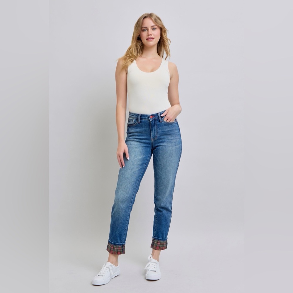 Judy Blue Plaid Cuff Straight Leg Jeans Size 13 & 16W Mid Rise Stretch Denim🛍️